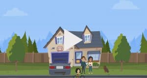 cartoon family in front of house