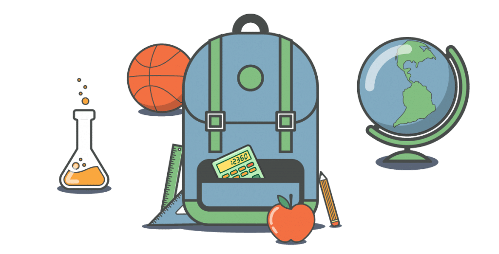 school backpack next to basketball and globe
