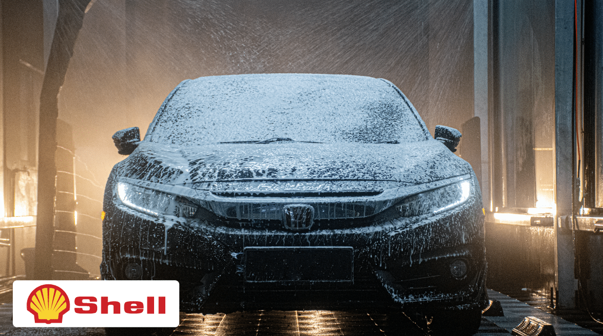 car wash with shell logo in the corner